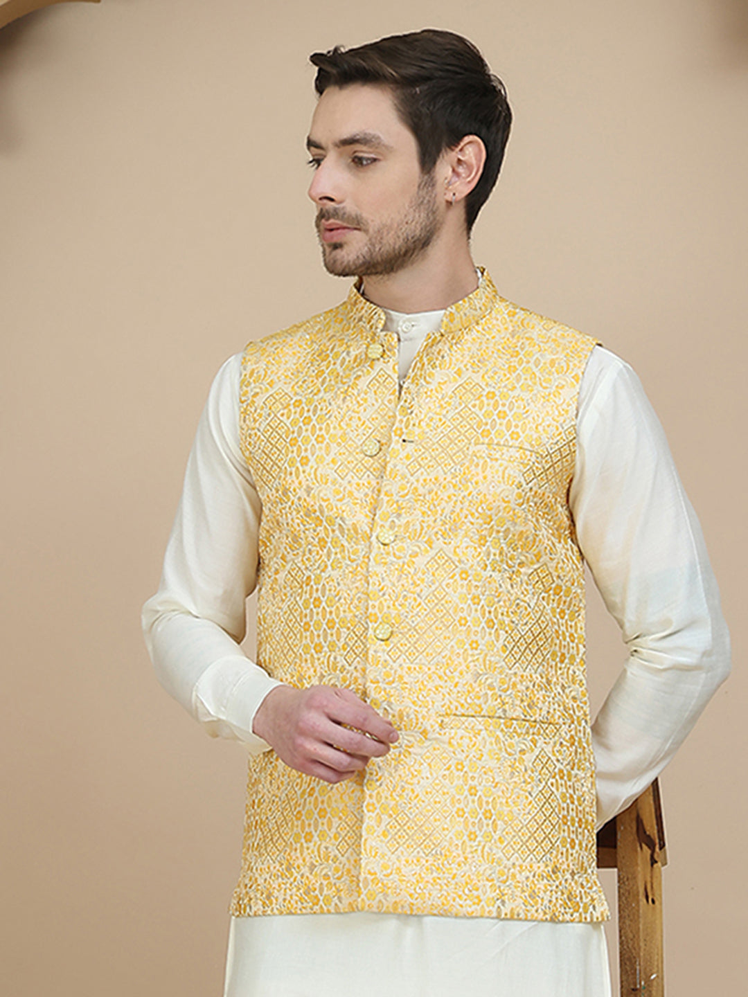 DesiQlo Men Woven Design Men Waistcoat Nehru Jacket - Yellow