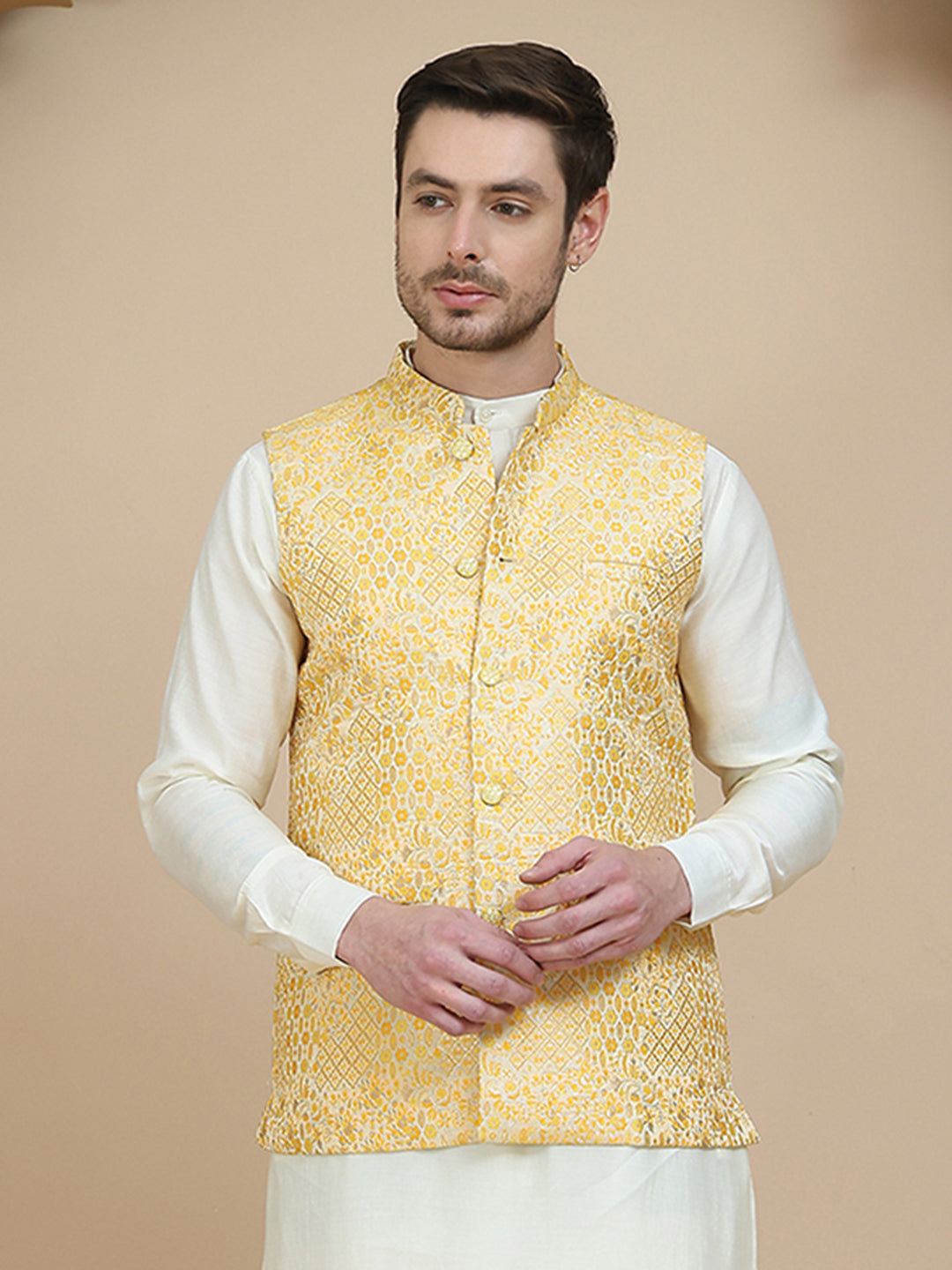 DesiQlo Men Woven Design Men Waistcoat Nehru Jacket - Yellow