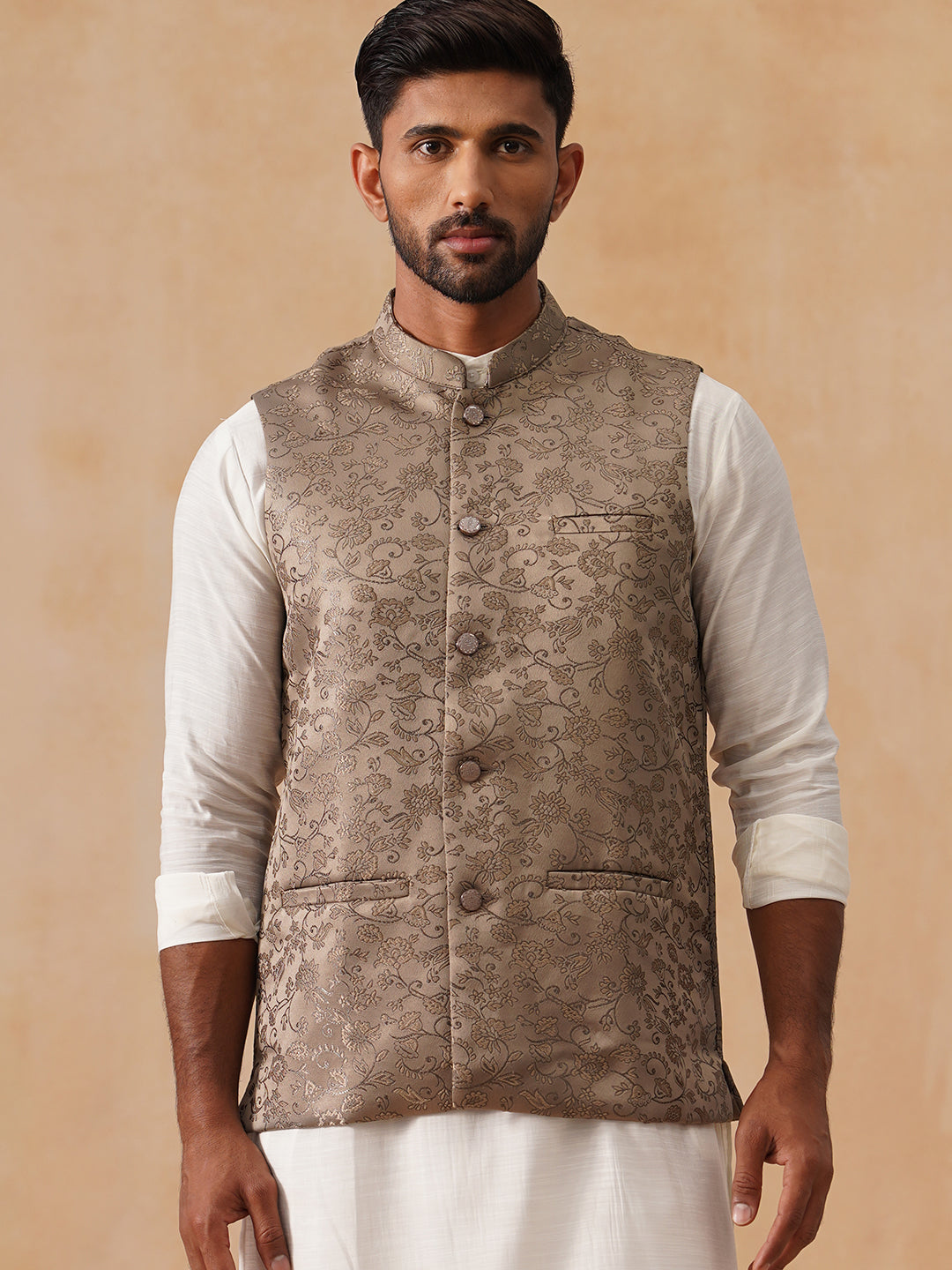 DesiQlo Men Woven Design Men Waistcoat Nehru Jacket - Brown