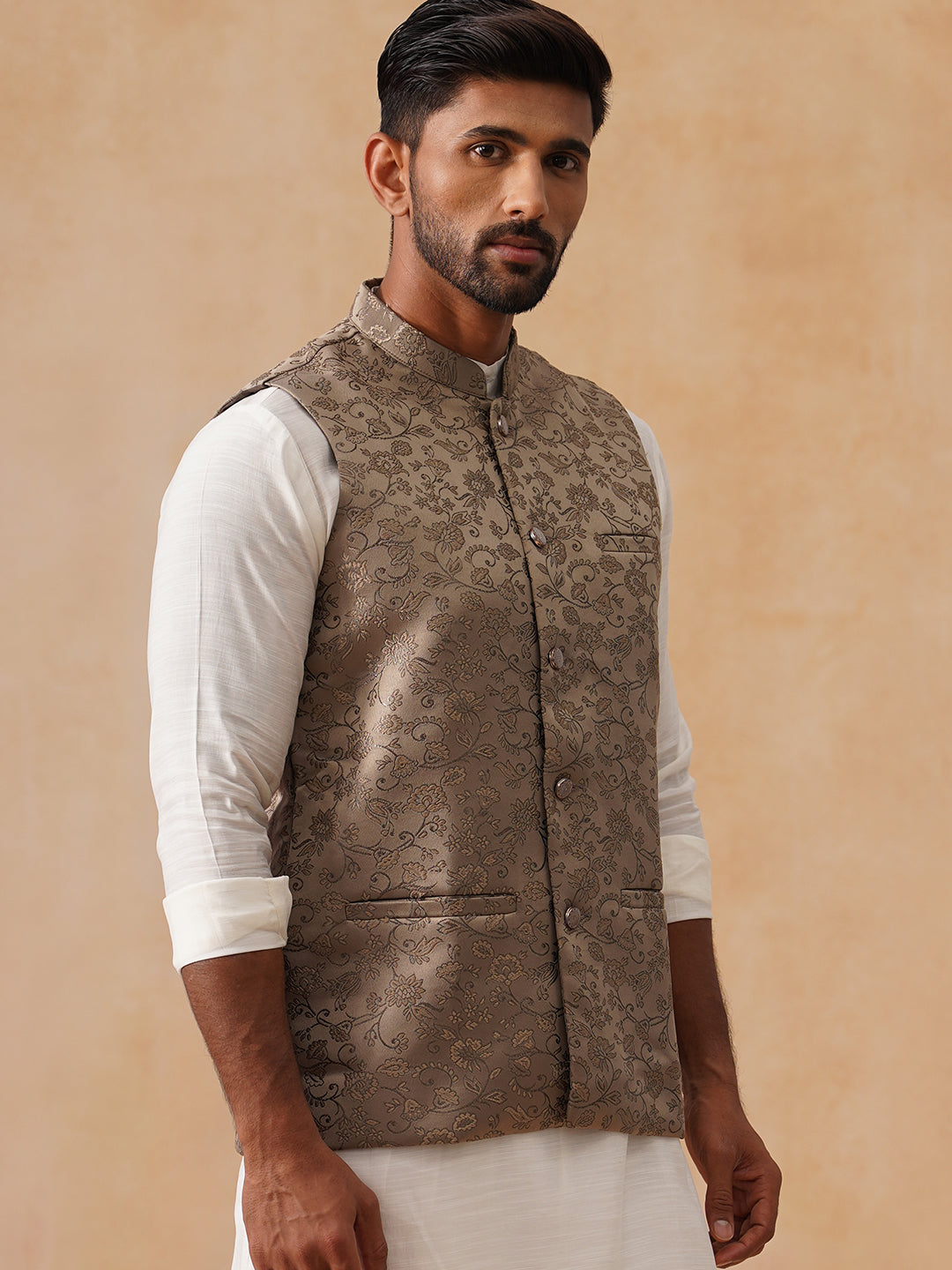 DesiQlo Men Woven Design Men Waistcoat Nehru Jacket - Brown
