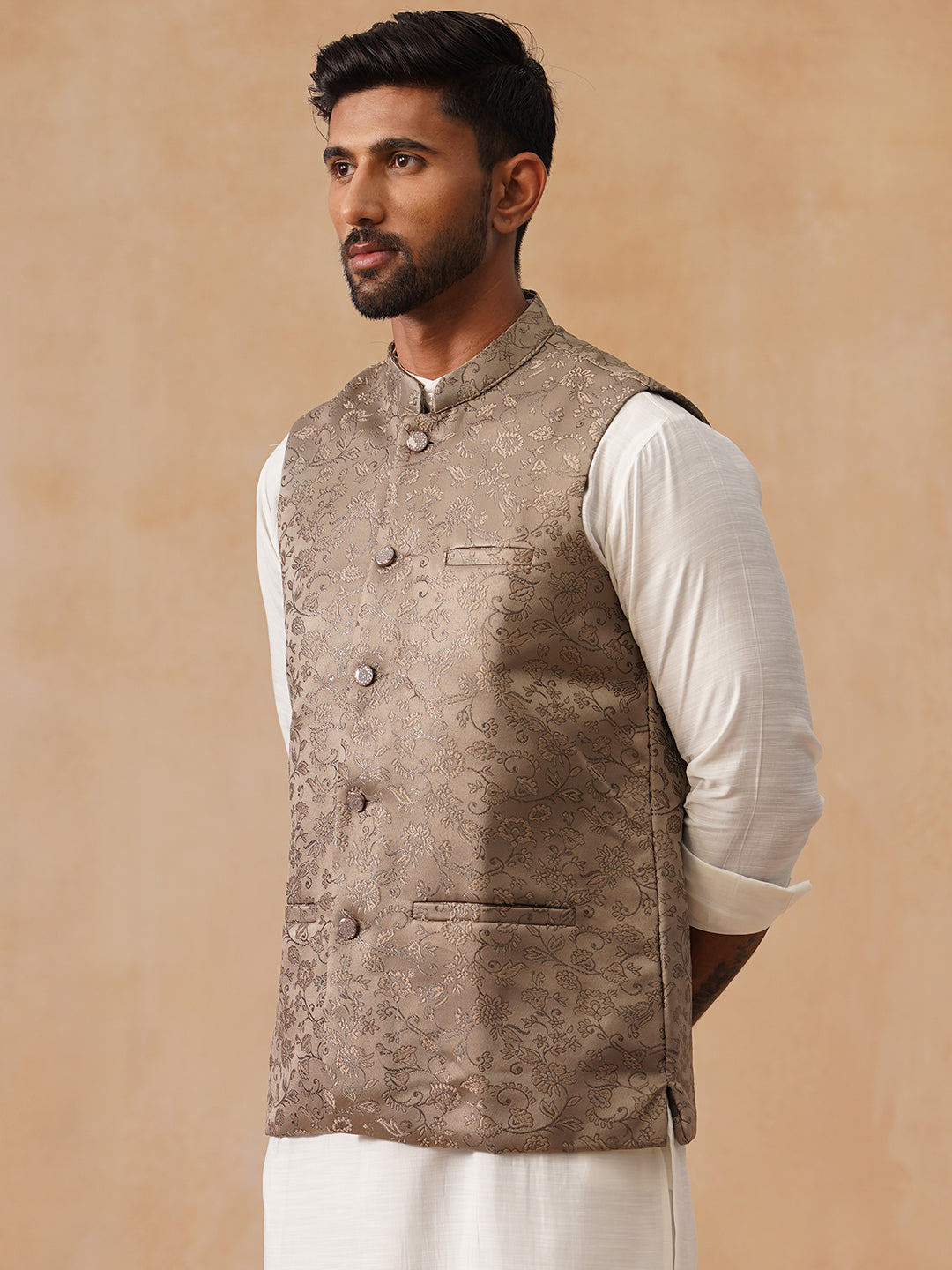 DesiQlo Men Woven Design Men Waistcoat Nehru Jacket - Brown