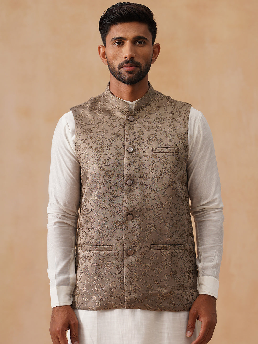 DesiQlo Men Woven Design Men Waistcoat Nehru Jacket - Brown