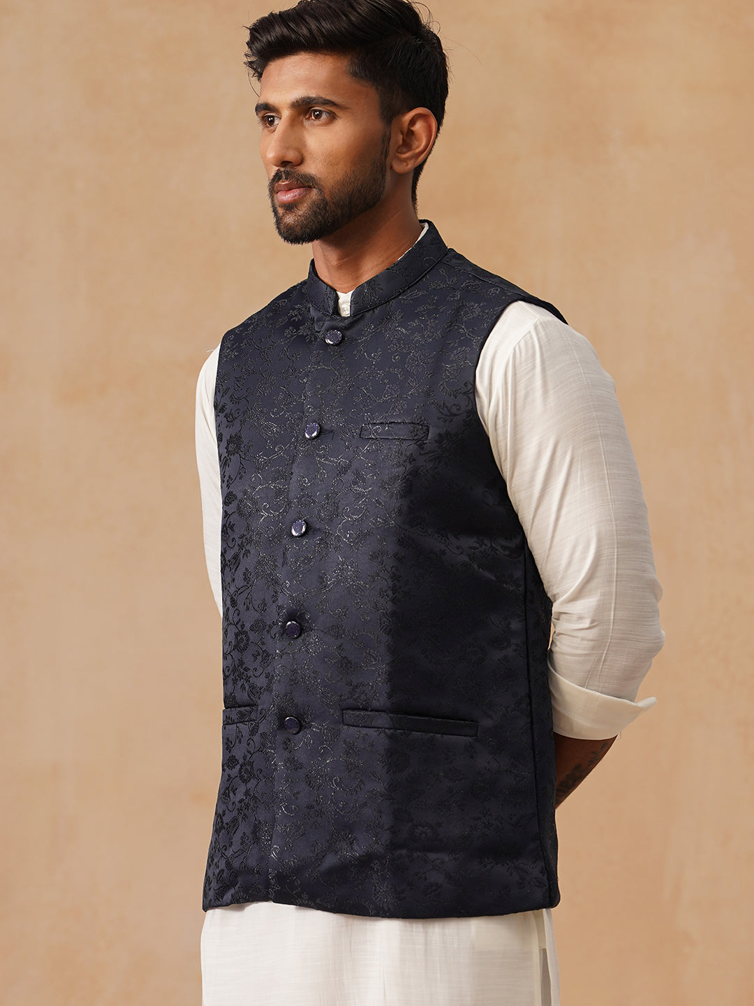 DesiQlo Men Woven Design Men Waistcoat Nehru Jacket - Blue