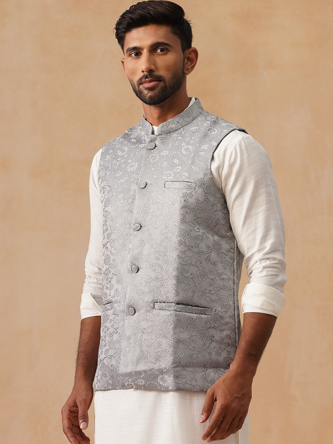 DesiQlo Men Woven Design Men Waistcoat Nehru Jacket - Silver