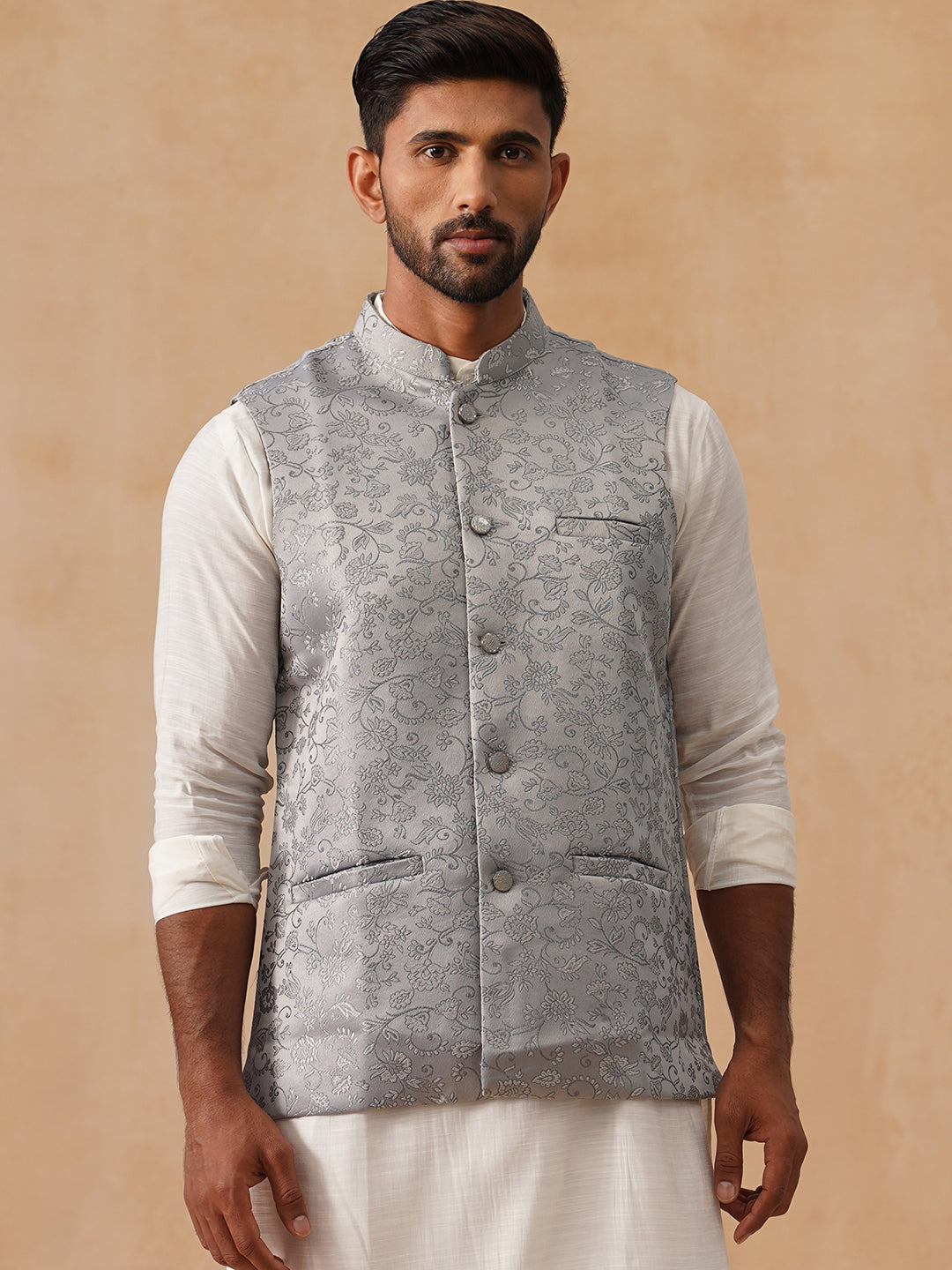 DesiQlo Men Woven Design Men Waistcoat Nehru Jacket - Silver