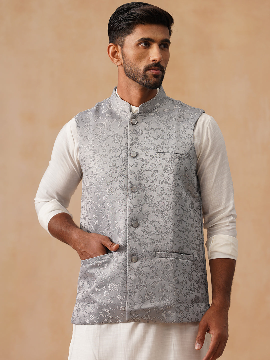 DesiQlo Men Woven Design Men Waistcoat Nehru Jacket - Silver