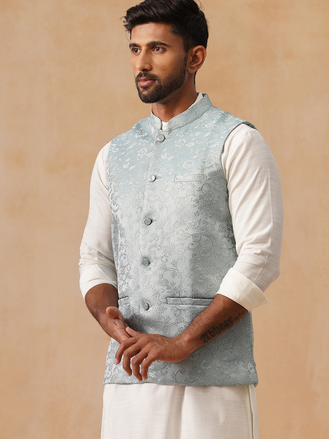 DesiQlo Men Woven Design Men Waistcoat Nehru Jacket - B - JOWC_4135Sky