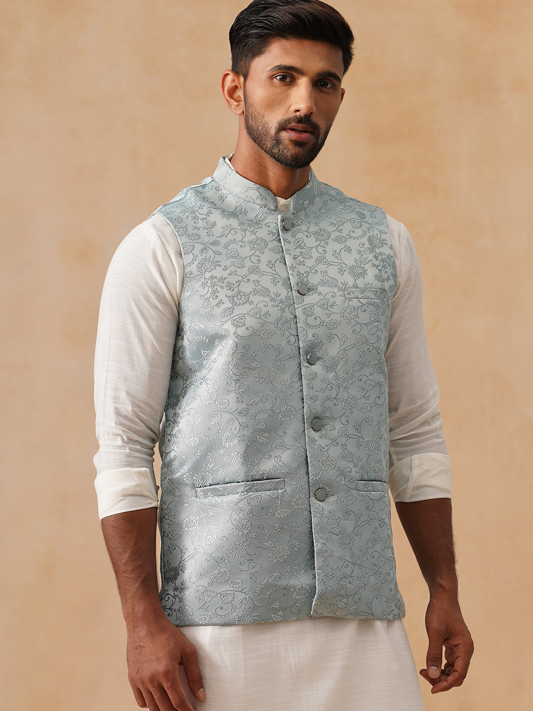 DesiQlo Men Woven Design Men Waistcoat Nehru Jacket - B - JOWC_4135Sky