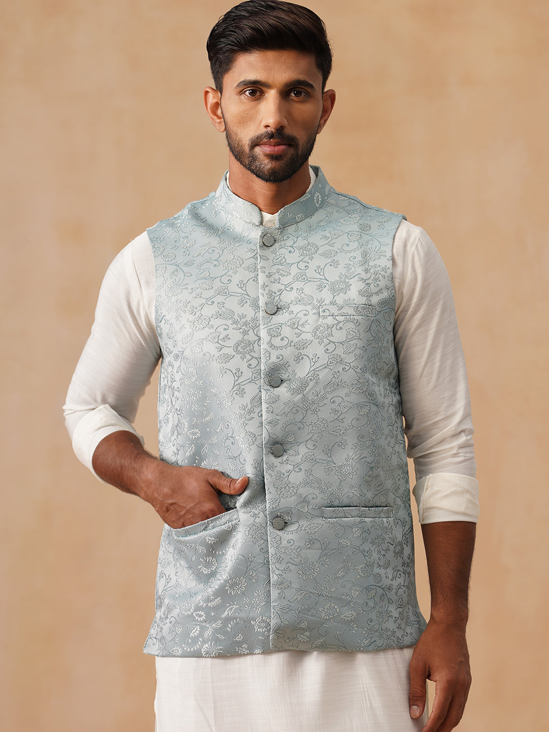 DesiQlo Men Woven Design Men Waistcoat Nehru Jacket - B - JOWC_4135Sky