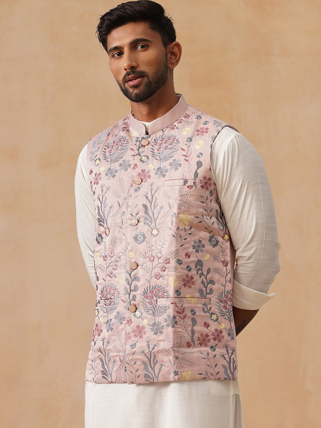 DesiQlo Men Embroidered Men Waistcoat Nehru Jacket - Orange