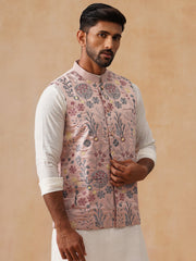 Floral Embroidered Silk Blend Nehru Jacket ( JOWC 4136 Peach )