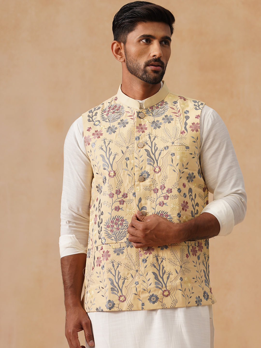 DesiQlo Men Embroidered Men Waistcoat Nehru Jacket - Ye - JOWC_4136Yel