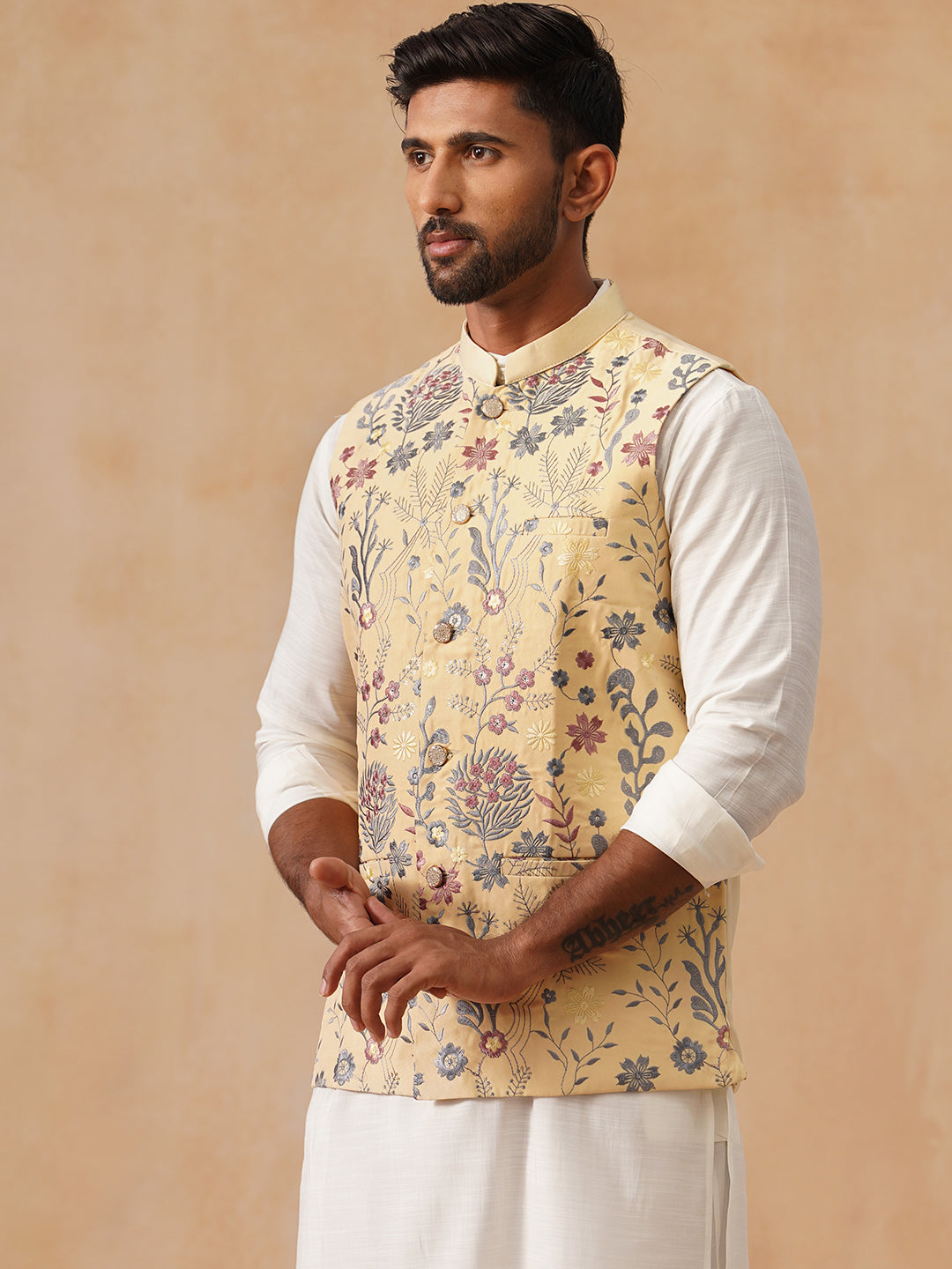 DesiQlo Men Embroidered Men Waistcoat Nehru Jacket - Ye - JOWC_4136Yel