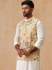 Floral Embroidered Silk Blend Nehru Jacket ( JOWC 4136 Yellow )