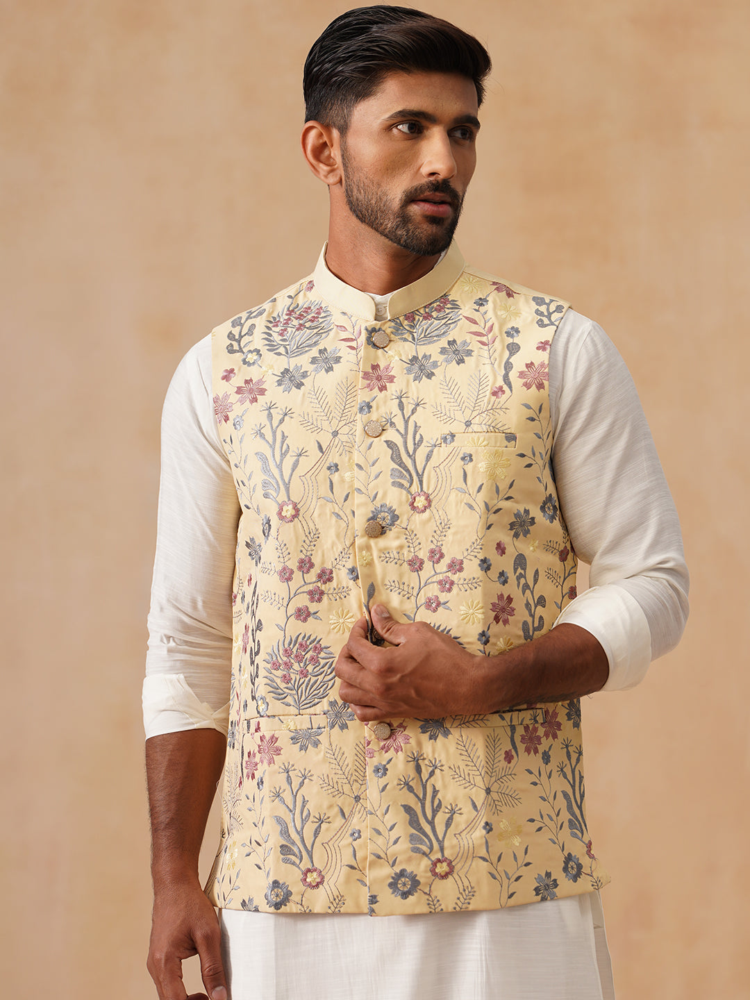 DesiQlo Men Embroidered Men Waistcoat Nehru Jacket - Ye - JOWC_4136Yel