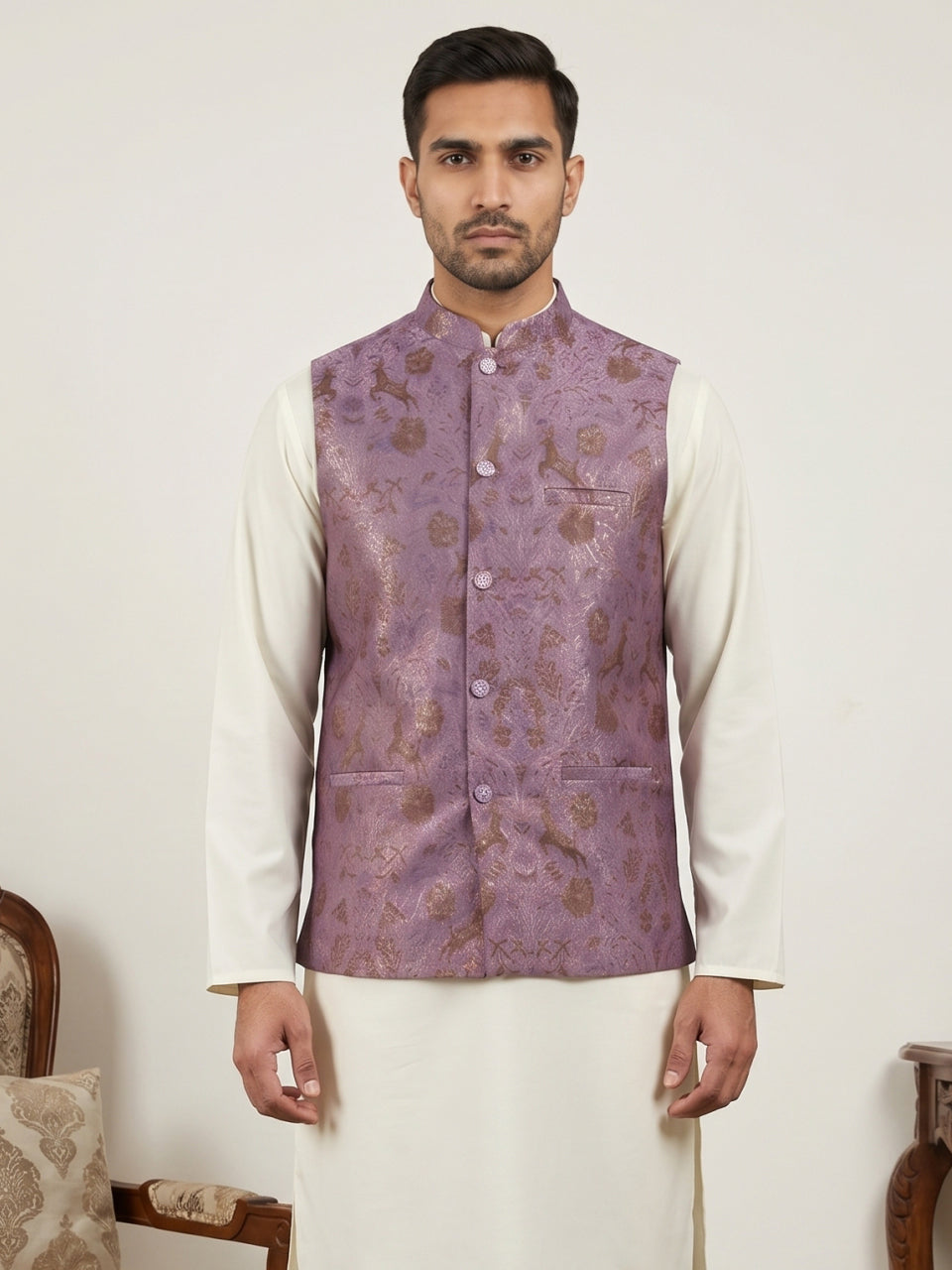 DesiQlo Men Woven Design Nehru Jacket and Kurta Pyjama  - JOWC_4139Voi