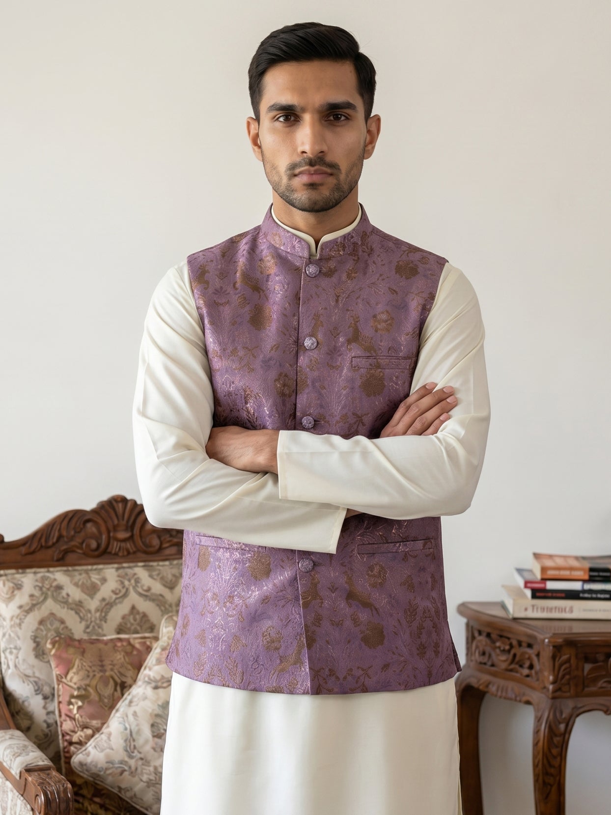 DesiQlo Men Woven Design Nehru Jacket and Kurta Pyjama  - JOWC_4139Voi