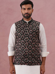 Floral Embroidered Silk Nehru Jacket ( JOWC 4142 Mehndi )