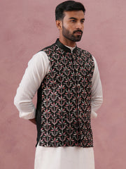 Floral Embroidered Silk Nehru Jacket ( JOWC 4142 Mehndi )