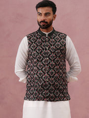 Floral Embroidered Silk Nehru Jacket ( JOWC 4142 Mehndi )