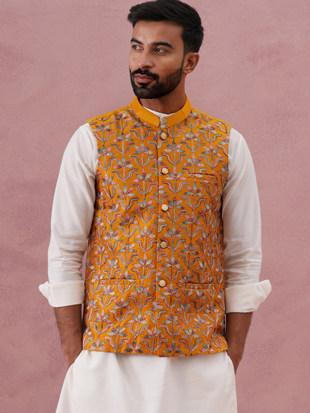 DesiQlo Men Embroidered Men Waistcoat Nehru Jacket - Ye - JOWC_4142Mus