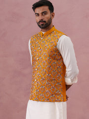 Floral Embroidered Silk Nehru Jacket ( JOWC 4142 Mustard )