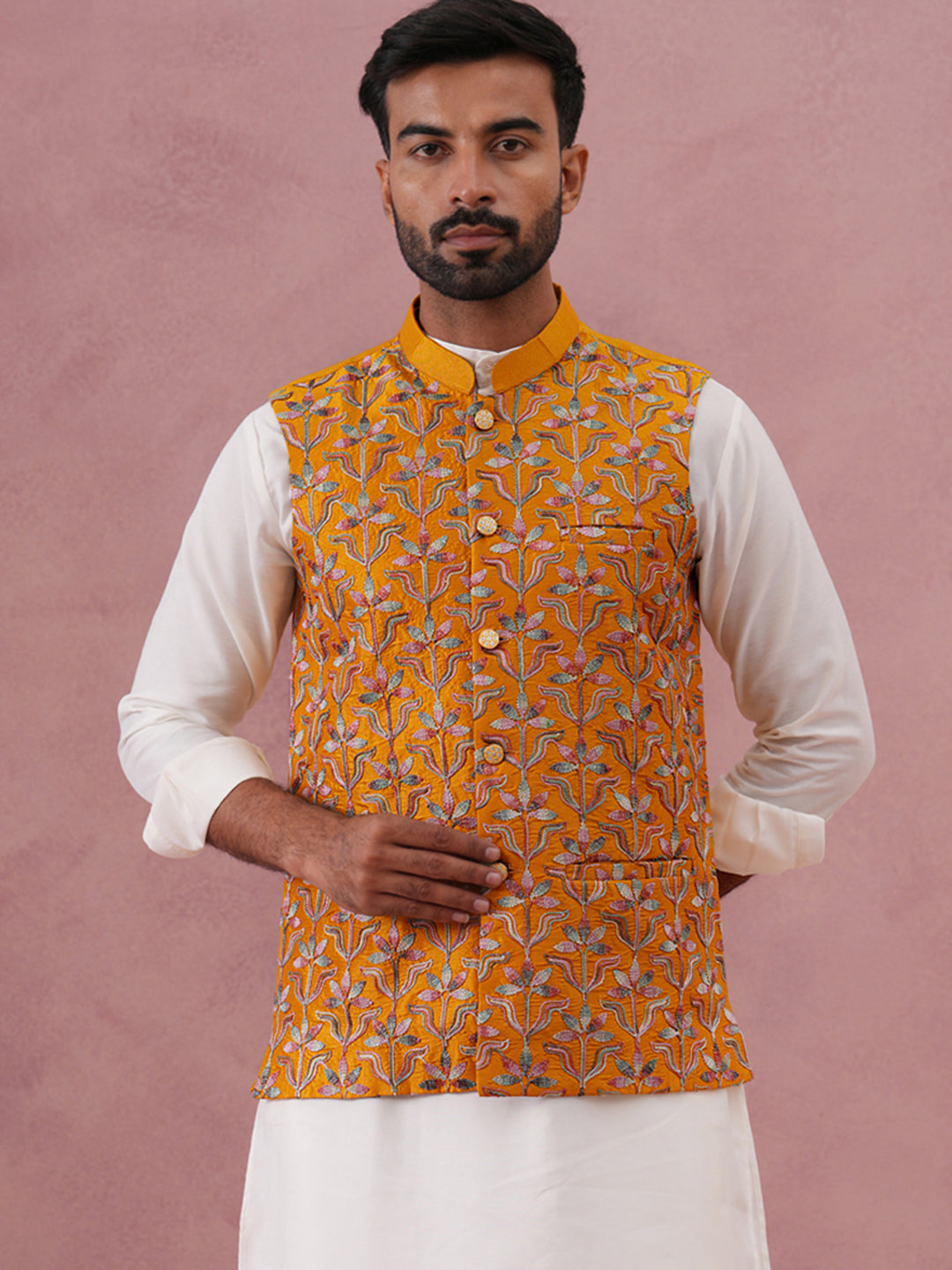 DesiQlo Men Embroidered Men Waistcoat Nehru Jacket - Ye - JOWC_4142Mus