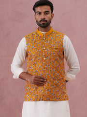 Floral Embroidered Silk Nehru Jacket ( JOWC 4142 Mustard )