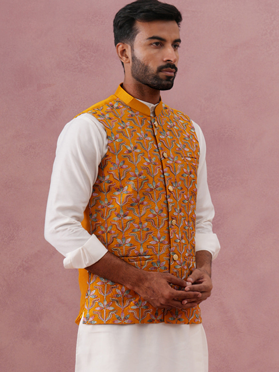 DesiQlo Men Embroidered Men Waistcoat Nehru Jacket - Ye - JOWC_4142Mus