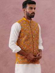 Floral Embroidered Silk Nehru Jacket ( JOWC 4142 Mustard )