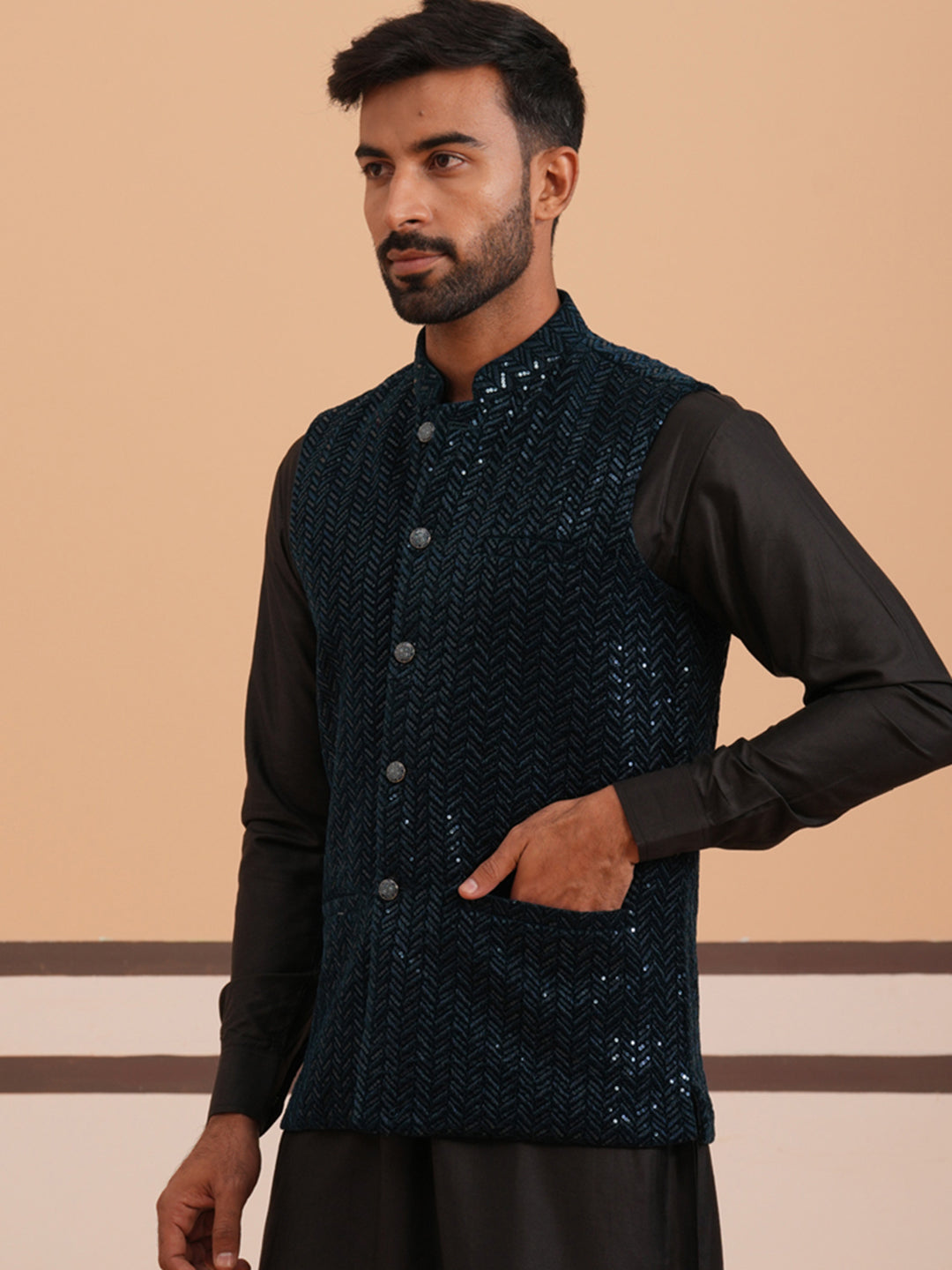 DesiQlo Men Embroidered Men Waistcoat Nehru Jacket - Bl - JOWC_4144Nav