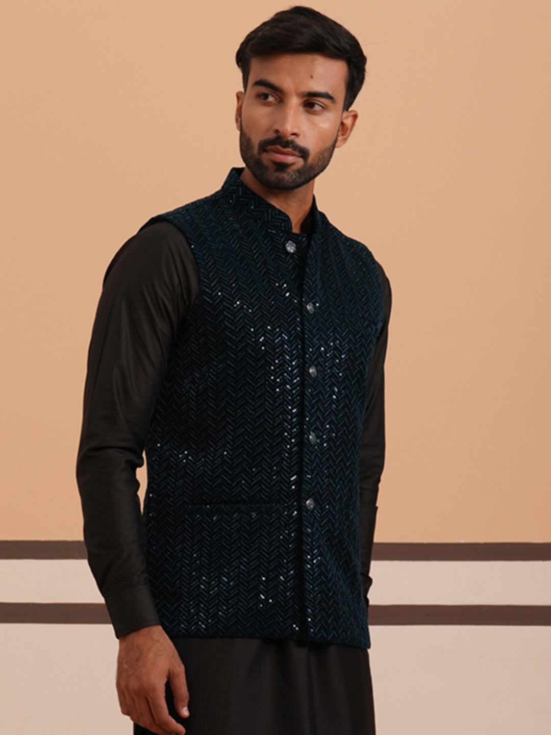 DesiQlo Men Embroidered Men Waistcoat Nehru Jacket - Bl - JOWC_4144Nav