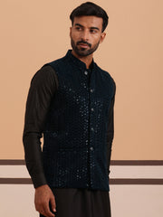 Men Velvet Sequin Work Nehru Jacket ( JOWC 4144 Navy)