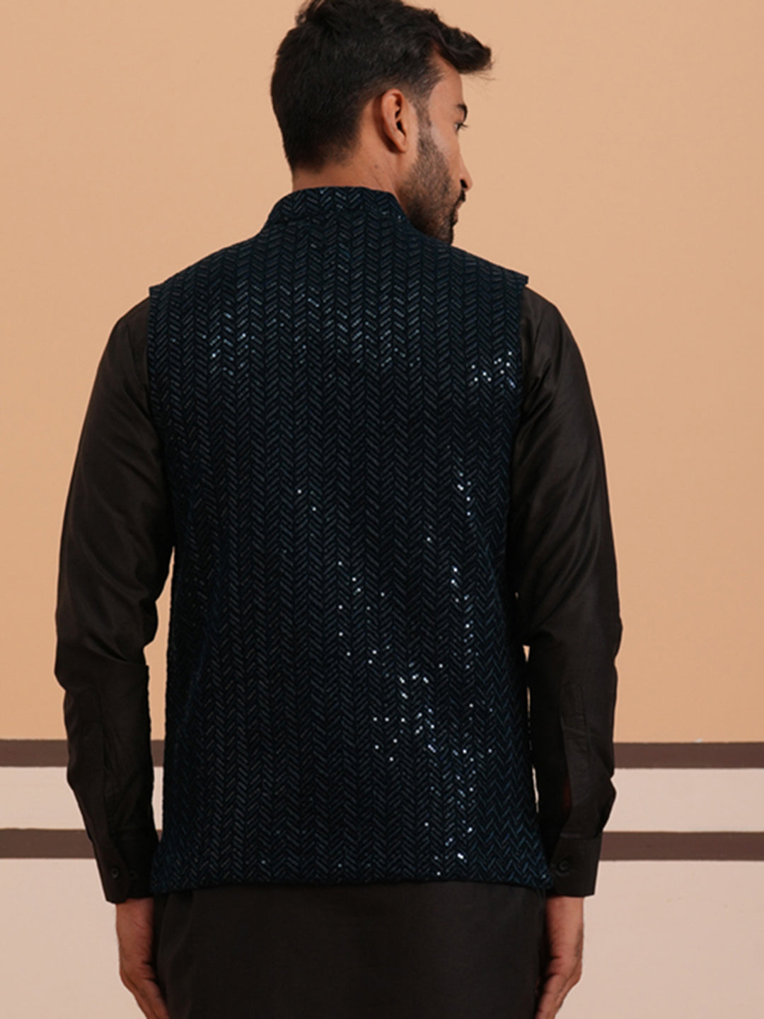 DesiQlo Men Embroidered Men Waistcoat Nehru Jacket - Bl - JOWC_4144Nav