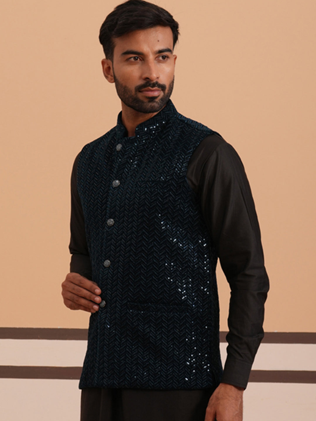 DesiQlo Men Embroidered Men Waistcoat Nehru Jacket - Bl - JOWC_4144Nav