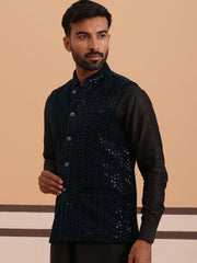 Men Velvet Sequin Work Nehru Jacket ( JOWC 4144 Navy)