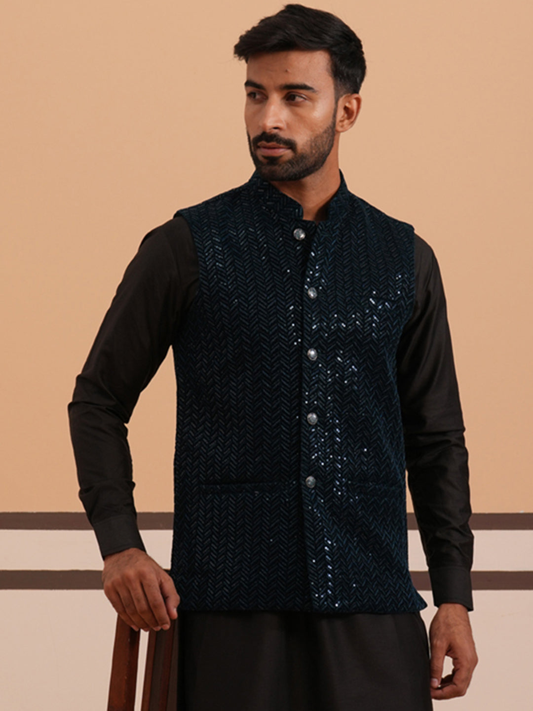 DesiQlo Men Embroidered Men Waistcoat Nehru Jacket - Bl - JOWC_4144Nav
