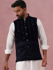 Velvet Sequin Embroidered Nehru Jacket ( JOWC 4146 Navy )