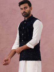 Velvet Sequin Embroidered Nehru Jacket ( JOWC 4146 Navy )
