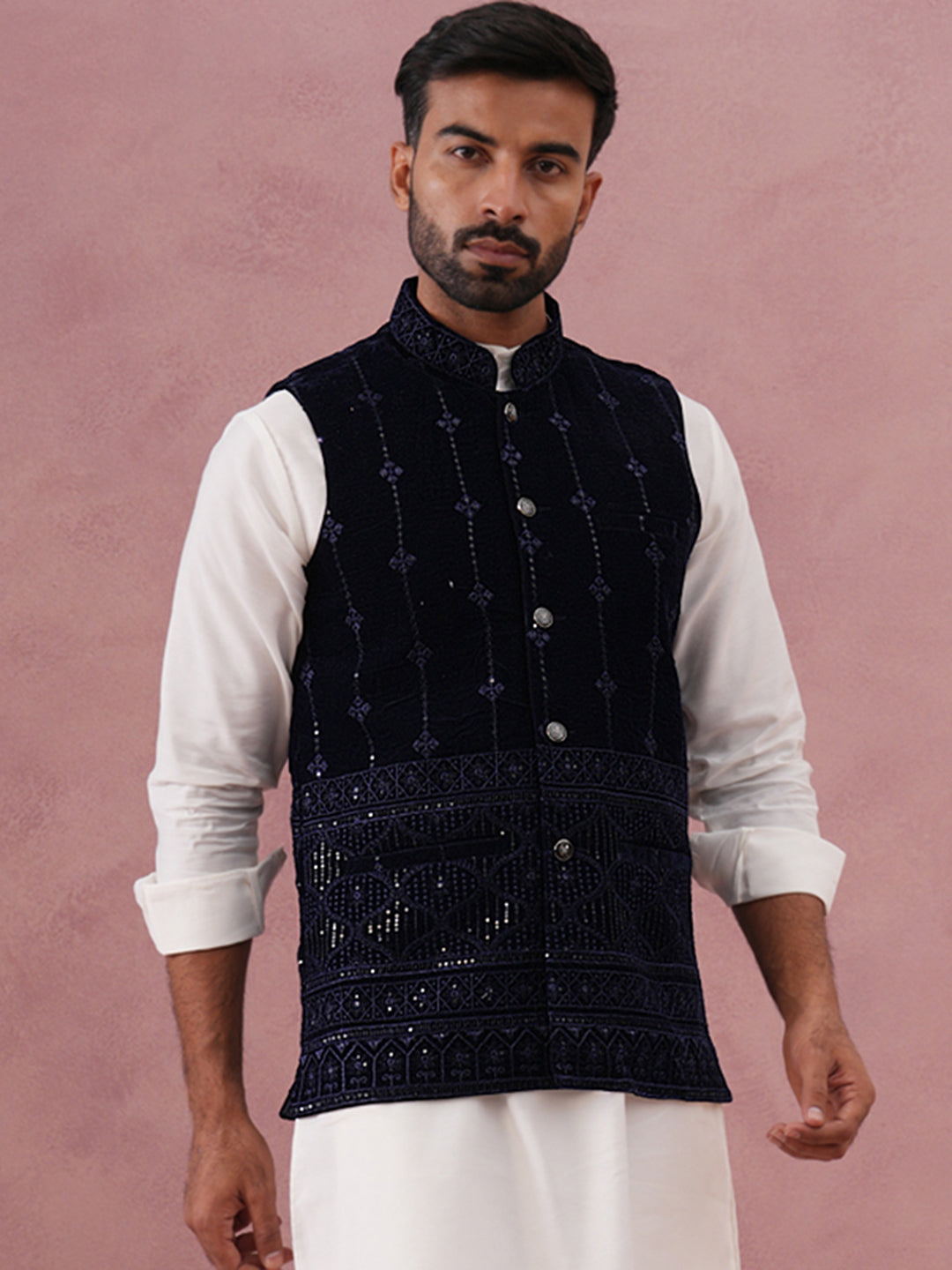 DesiQlo Men Embroidered Men Waistcoat Nehru Jacket - Blue