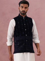 Velvet Sequin Embroidered Nehru Jacket ( JOWC 4146 Navy )