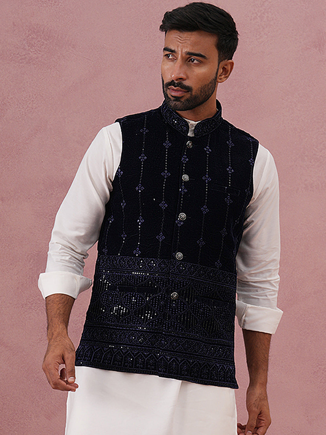 DesiQlo Men Embroidered Men Waistcoat Nehru Jacket - Blue