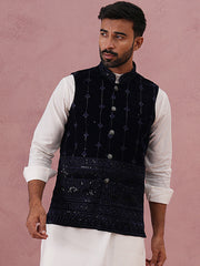 Velvet Sequin Embroidered Nehru Jacket ( JOWC 4146 Navy )