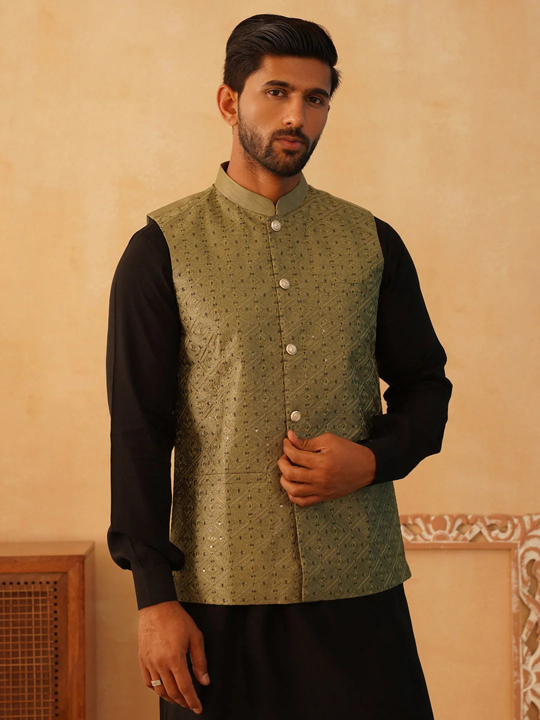 Olive Sequin Embroidered Silk Nehru Jacket | Men's Ethnic Wear