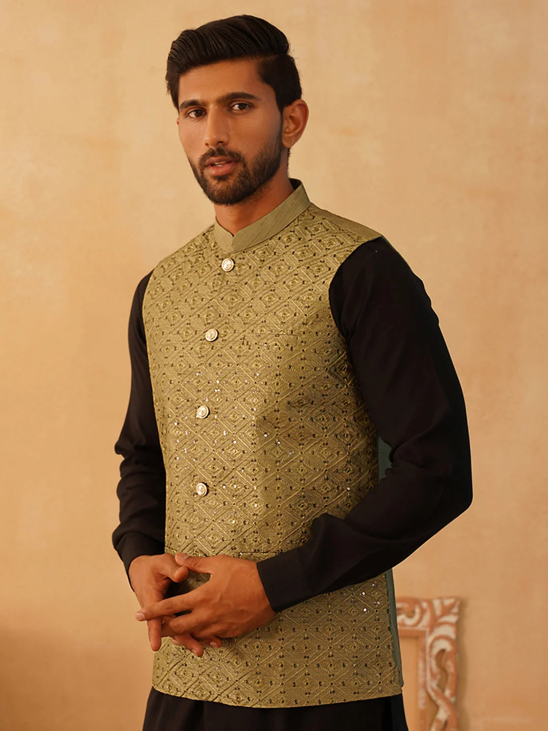 Olive Sequin Embroidered Silk Nehru Jacket | Men's Ethnic Wear