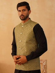 Embroidered With Sequin Silk Blend Nehru Jacket-JOWC-4105Olive