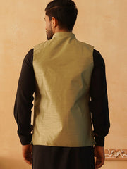 Embroidered With Sequin Silk Blend Nehru Jacket-JOWC-4105Olive