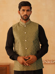 Embroidered With Sequin Silk Blend Nehru Jacket-JOWC-4105Olive