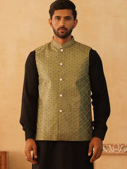 Embroidered With Sequin Silk Blend Nehru Jacket-JOWC-4105Olive