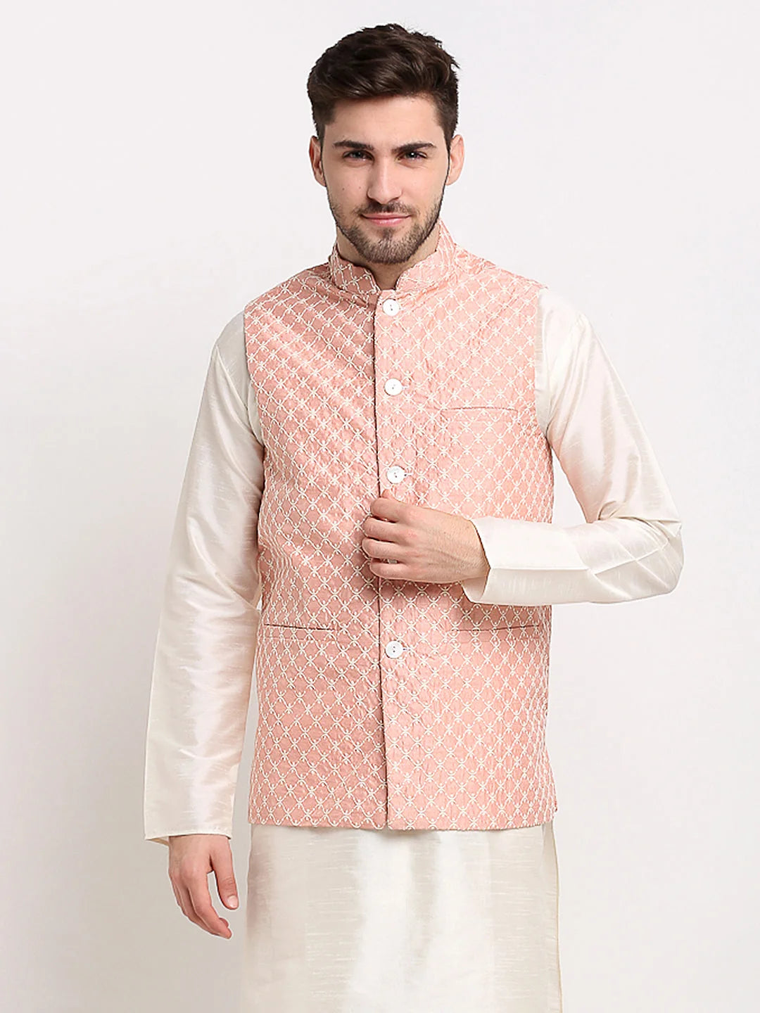 Peach Embroidered Nehru Jacket for Weddings | Modi Jacket